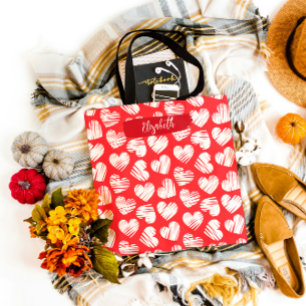 Tote Bag Moderne Rouge et Blanc Doodled Heart Valentine Nom