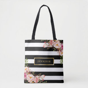 Tote Bag Moderne Vintage Floral Classique Noir Blancs