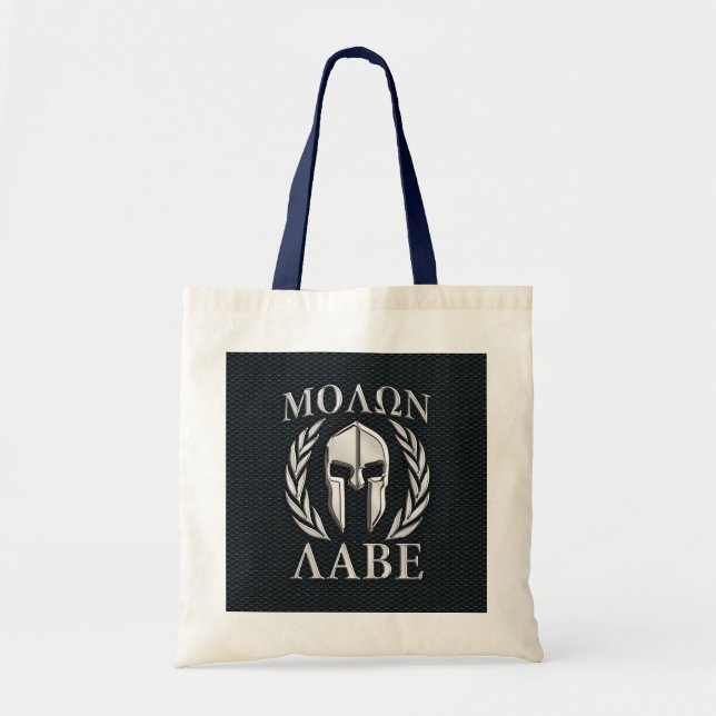 Tote Bag Molon Labe Chrome Comme Casque Spartan sur Grille (Devant)