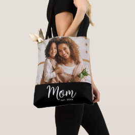 Tote Bag Mom Established Date White Script Photo on Black