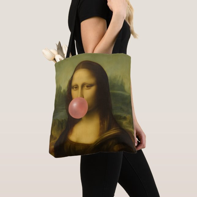 Tote Bag Mona Lisa soufflant de bulle rose (De près)