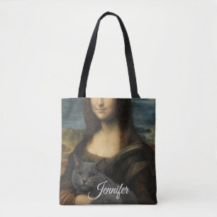 Tote Bag Mona Lisa tenant un élégant chat gris             