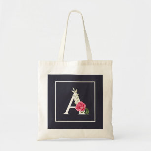 Tote Bag Monogram A in White Pink Rose and Leaves Dark Gray