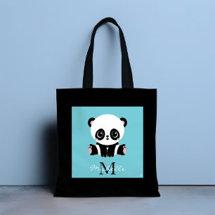 Tote Bag Monogram Cute Panda Personnalisé Bubble Gum Bleu