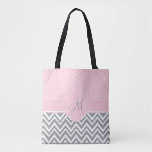 Tote Bag Monogram Grey Chevron avec point Polka rose pastel