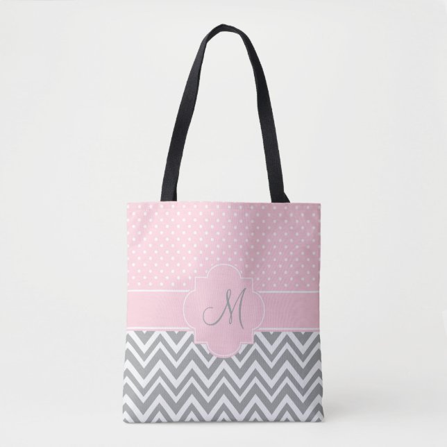 Tote Bag Monogram Grey Chevron avec point Polka rose pastel (Devant)