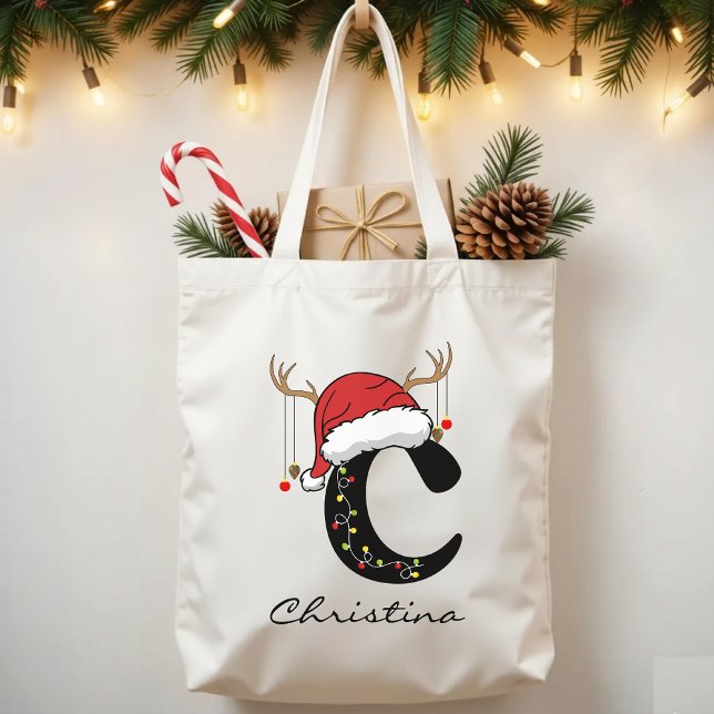 Tote Bag Monogram Holiday Bag for Bulk Christmas Gifts (Santa Claus tote, personalized Christmas gift, family holiday tote, Christmas initial tote,)
