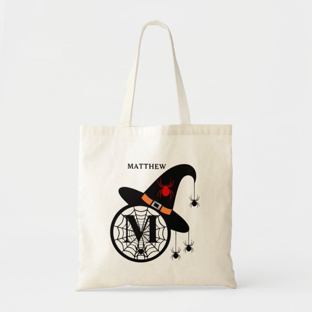 Tote Bag Monogram M Halloween sorcières araignées Votre nom (Devant)