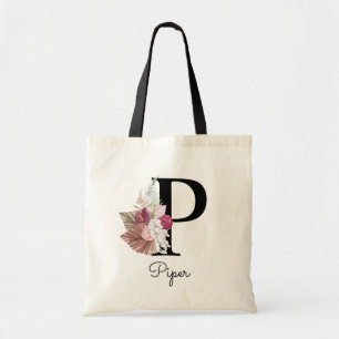 Tote Bag Monogram Pink Boho Girly Floral Initial P