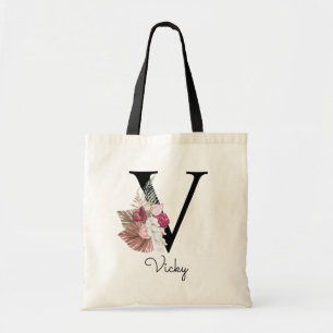 Tote Bag Monogram Pink Boho Girly Floral Initial V