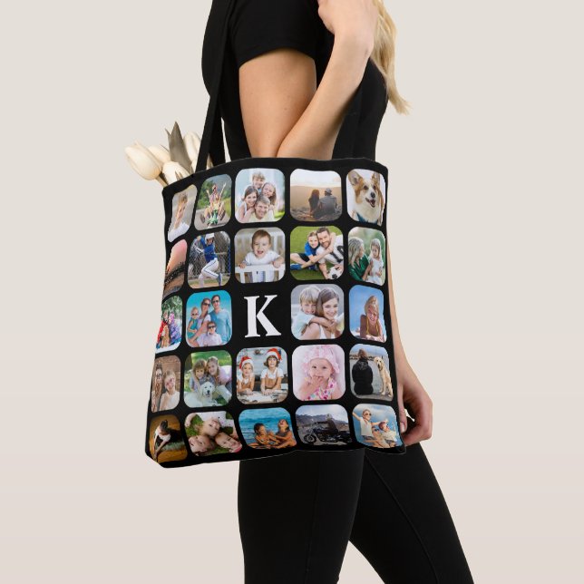 Tote Bag Monogramme 24 Arrondi Photo Collage noir (De près)