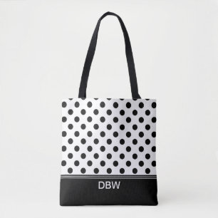 Tote Bag Monogramme à points Polka noir et blanc classique