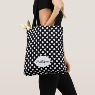 Tote Bag Monogramme à pois noir et blanc tendance