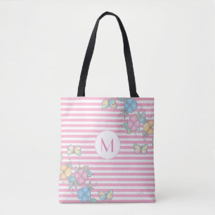 Tote Bag Monogramme à rayures florales de papillons rose