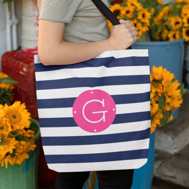 Tote Bag Monogramme à rayures rose et marine (Créateur téléchargé)