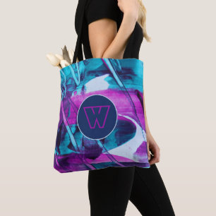 Tote Bag Monogramme Abstrait à pinceau rose bleu