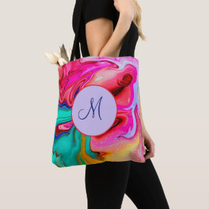 Tote Bag Monogramme Abstrait d'aquarelle bleu moderne rose