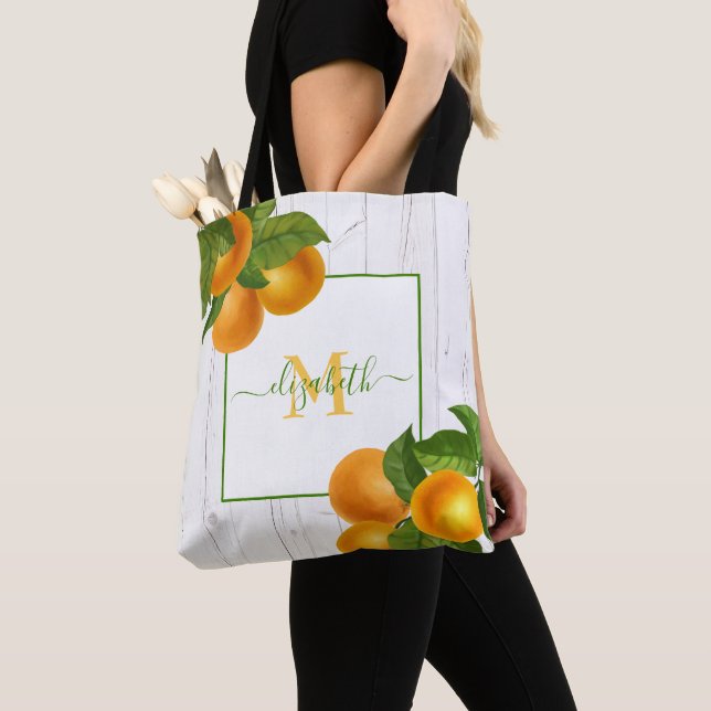 Tote Bag Monogramme agrumes oranges aquarelle bois rustique (De près)