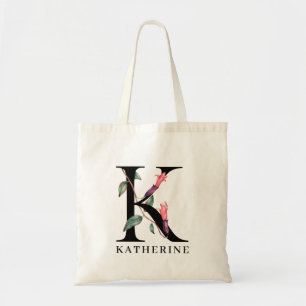 Tote Bag Monogramme Alphabet Floral Personnalisé K