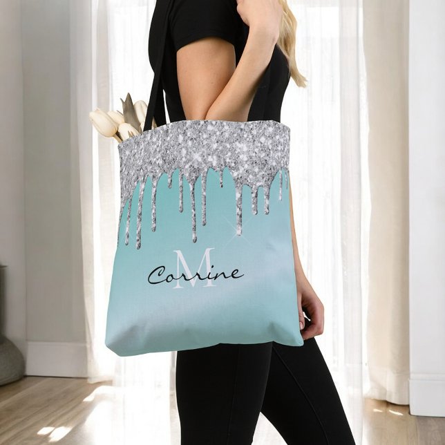 Tote Bag Monogramme Aqua Bleu + Argent Paillettes qui dégou (Créateur téléchargé)