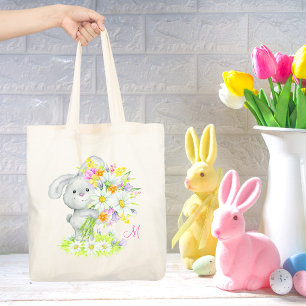 Tote Bag Monogramme Aquarelle Cute Lapin Floral Lapin Lapin