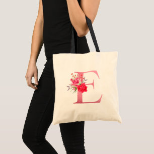 Tote Bag Monogramme Aquarelle Fleurs Rose Alphabet Or E