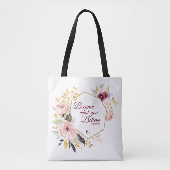 Tote Bag Monogramme Aquarelle Florale Or Matthieu Écriture (Devant)