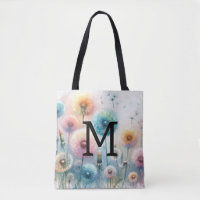Monogramme aquarelle florale pissenlits roses bleu
