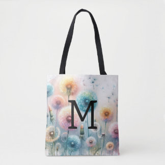 Tote Bag Monogramme aquarelle florale pissenlits roses bleu