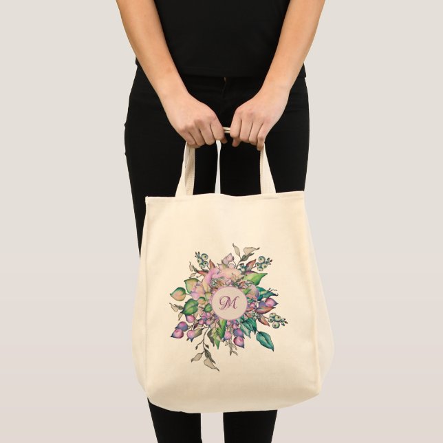 Tote Bag Monogramme aquarelle pastel floral élégant (Devant (produit))