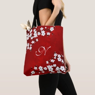 Tote Bag Monogramme asiatique Floral Rouge Blanc Cerisier F