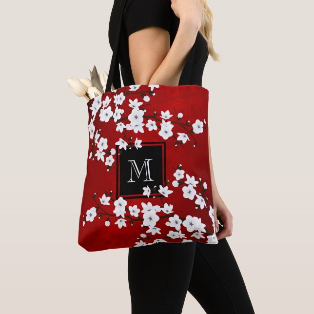 Tote Bag Monogramme asiatique Floral Rouge Blanc Cerisier F (De près)