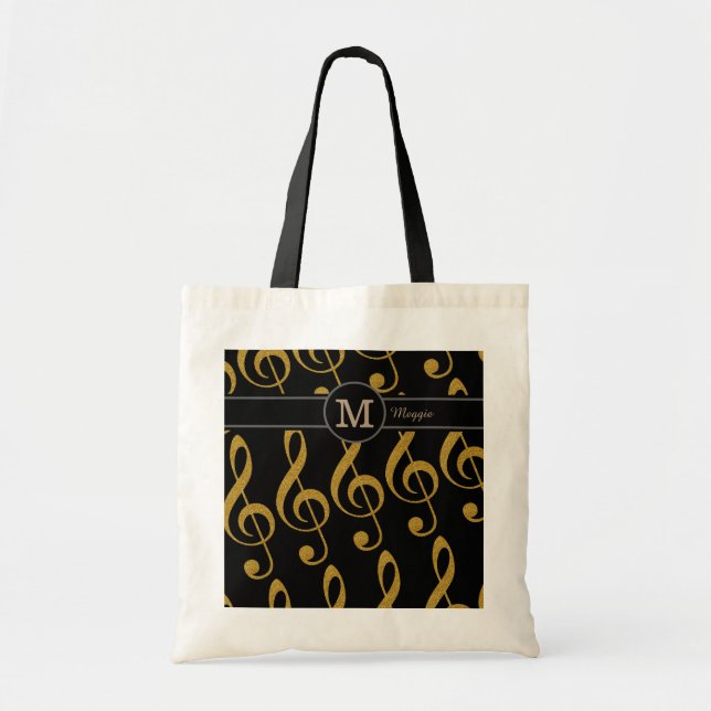 Tote Bag monogramme avec notes de musique dorées (Devant)