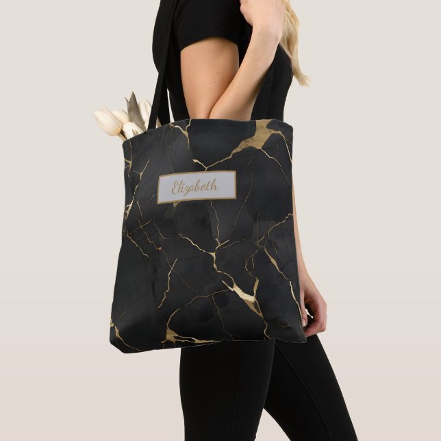 Tote Bag Monogramme Black Gold Marbre Swirl (De près)