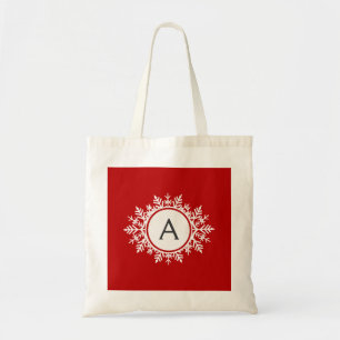 Tote Bag Monogramme blanc orné d'un flocon rouge festif