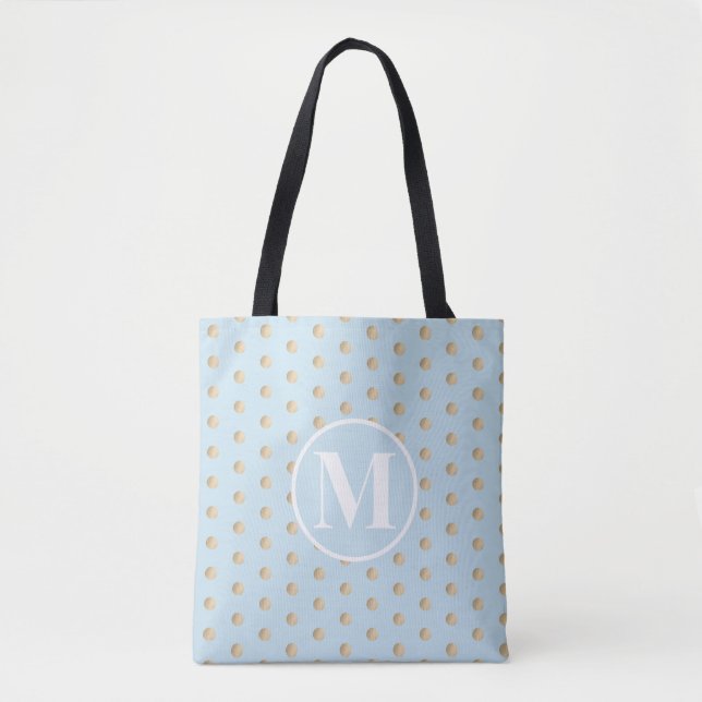 Tote Bag Monogramme blanc Pois or bleu doux (Devant)