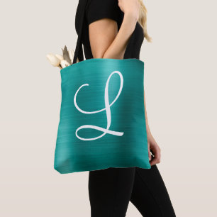 Tote Bag Monogramme blanc Turquoise en métal brossé chic