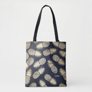 Tote Bag Monogramme bleu Motif d'ananas à huile d'or tropic