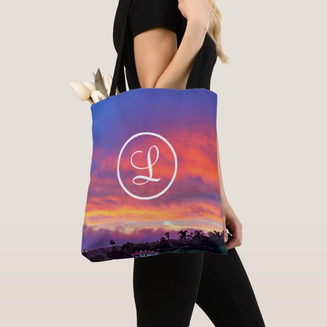 Tote Bag Monogramme Bleu orange Coucher de soleil Coucher d (De près)