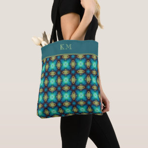 Tote Bag Monogramme Bleu Turquoise Floral Abstrait Chic Gir