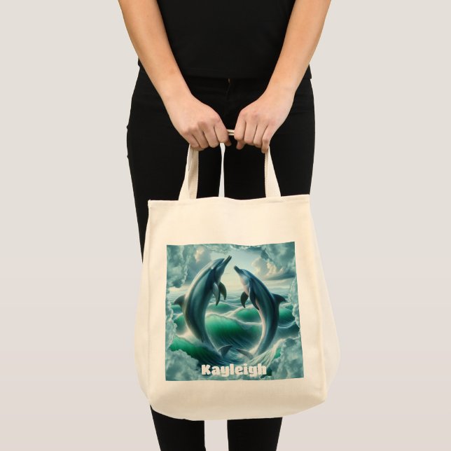 Tote Bag Monogramme Blue Dolphins Turquoises Océan | (Devant (produit))