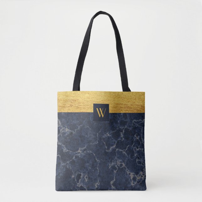 Tote Bag Monogramme Blue Faux Marbre & Or Texture Motif (Devant)