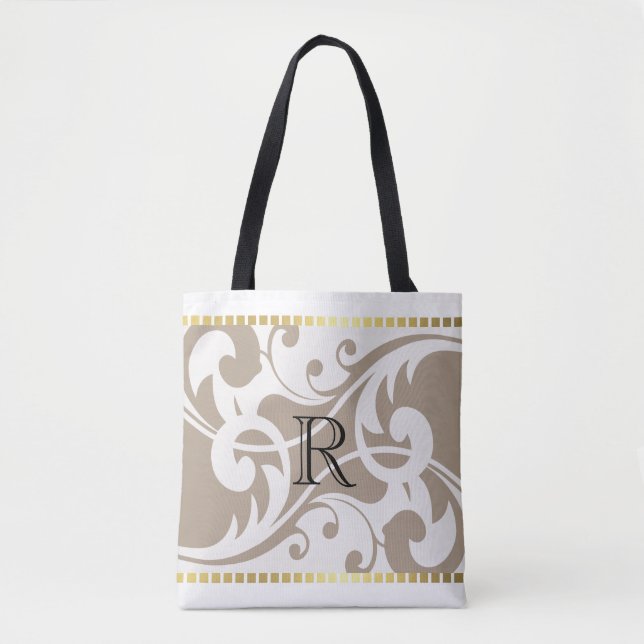 Tote Bag Monogramme bordure or blanc et champignons (Devant)