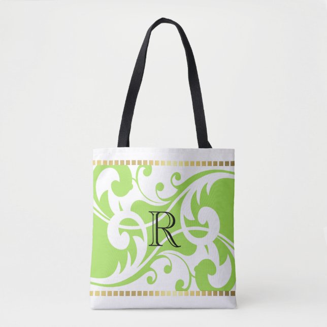 Tote Bag Monogramme bordure or blanc et vert (Devant)