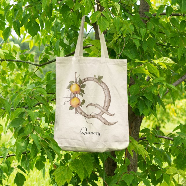 Tote Bag Monogramme Botanique Élégant de Fruit de Coing Q P (Créateur téléchargé)