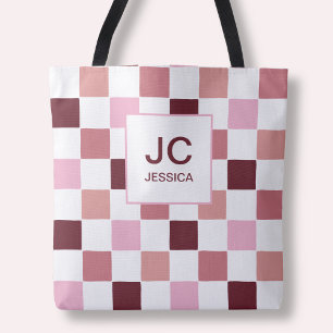 Tote Bag Monogramme Carreaux Rose Rouge Moderne Simple Init