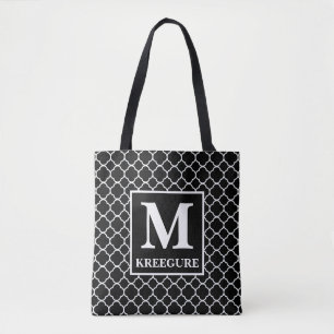 Tote Bag Monogramme Classic Serif BW Quatrefoil