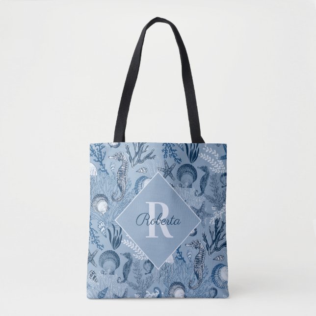 Tote Bag Monogramme côtier Blue Ocean Sea Life (Devant)
