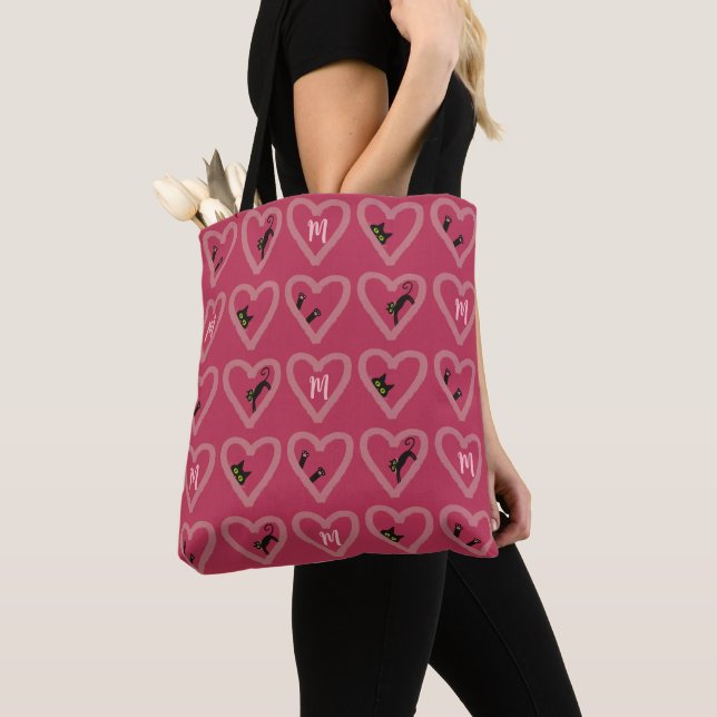 Tote Bag Monogramme Cute Black Chat Coeurs Valentines Jour (De près)