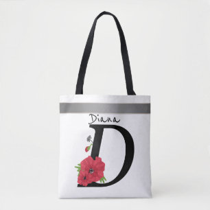 Tote Bag Monogramme D, lettre D, fleurs, monogramme